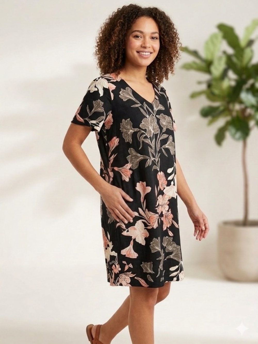 Nicole Miller Women’s Large Linen Ruffle Floral Black Pink Shift Dress L Spring